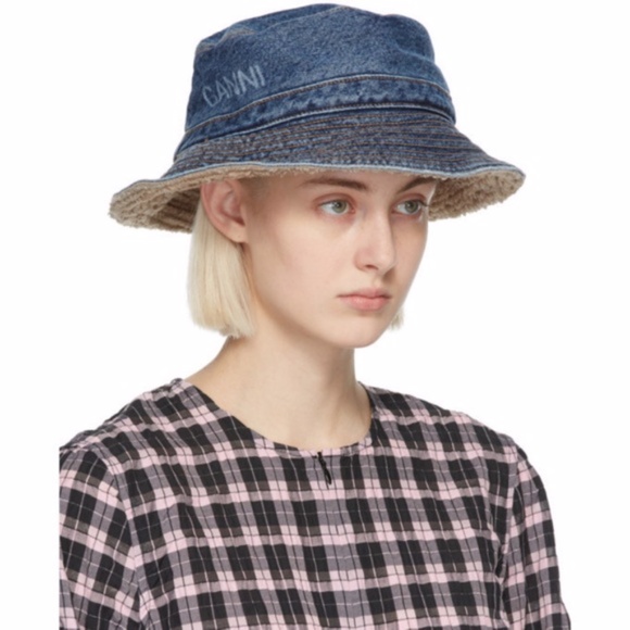 NEW Ganni Logo Organic Cotton Denim Bucket Hat XS/S main image 10